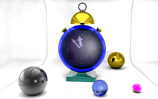 shutter photography of table clock surrounded with bauble
