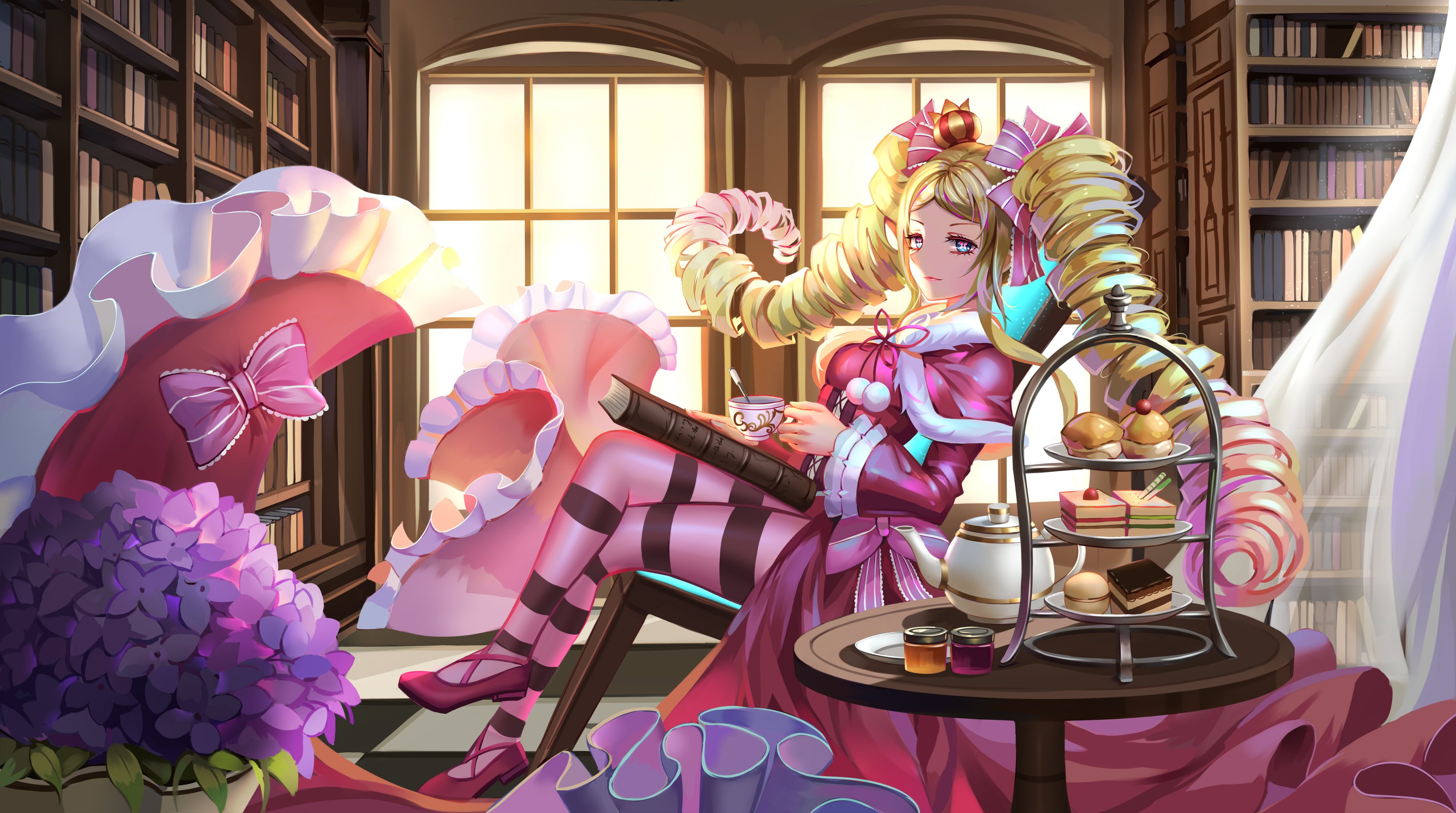 blond curly hair with pink dress anime character, Beatrice (Re: Zero), blonde, blue eyes, books