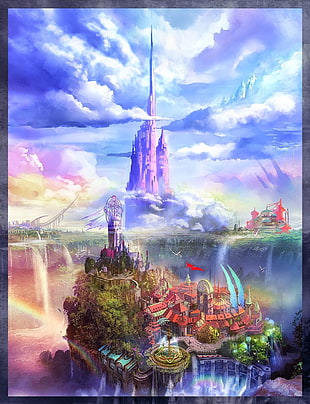 purple and green houses and trees wallpaper, fantasy art, fantasy city HD wallpaper