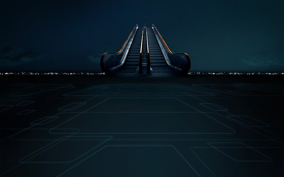 silver escalator during night time HD wallpaper