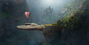 white and red hot air balloon near the castle HD wallpaper