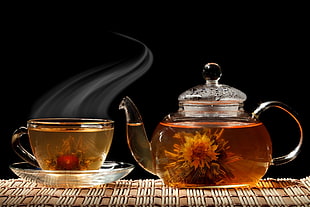 clear glass teapot with clear glass teacup HD wallpaper