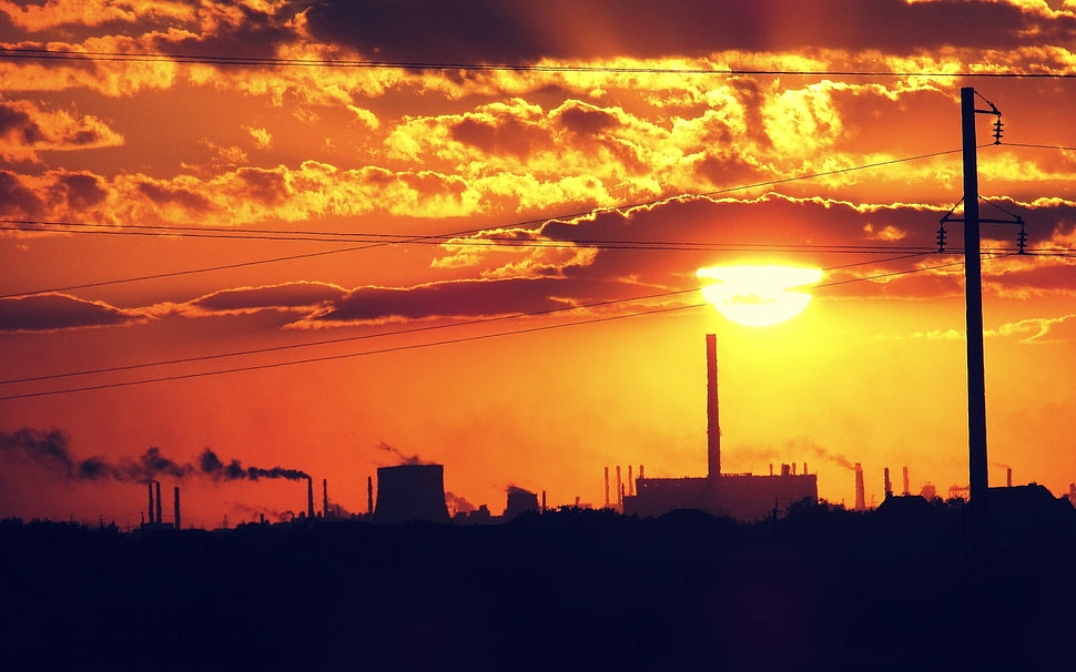 silhouette of utility post, sunset HD wallpaper