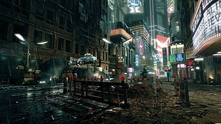 brown plank fence, cityscape, futuristic, Blade Runner