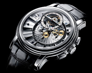 round silver-colored mechanical watch with black leather strap HD wallpaper