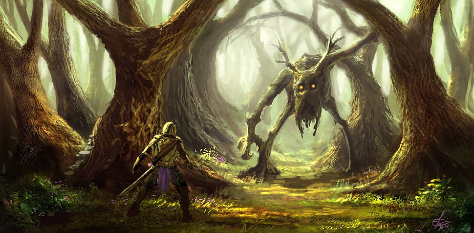 knight and monster tree illustration, fantasy art, warrior, creature, artwork HD wallpaper