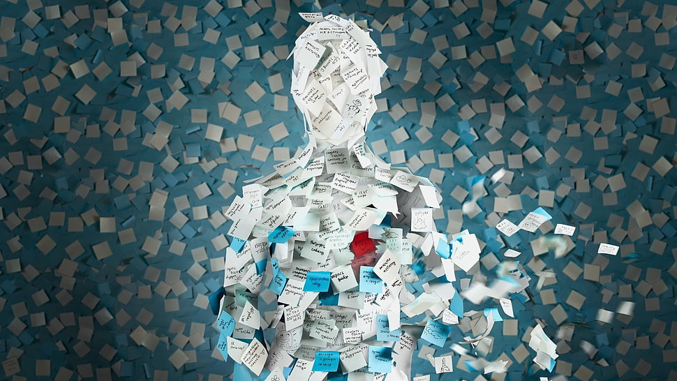 white and blue papers, paper, post-it notes, sketches HD wallpaper