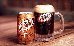 A&W root beer can and A&W glass beer mug, drink, beer, root beer