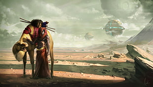 Star Wars character illustration, futuristic, camels, warrior, desert