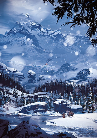 blue, black, and white snow mountain and tree painting