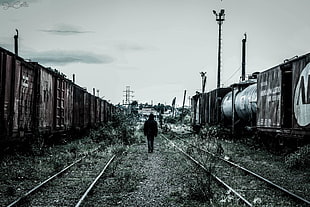 brown shipping containers, black, railway, men, grass