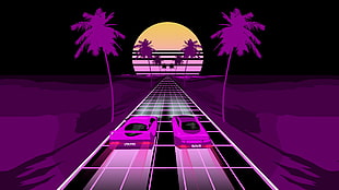 car illustration,  retrowave, Retrowave, car, purple HD wallpaper