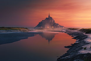 gray castle on islet, nature, photography, landscape, sunset