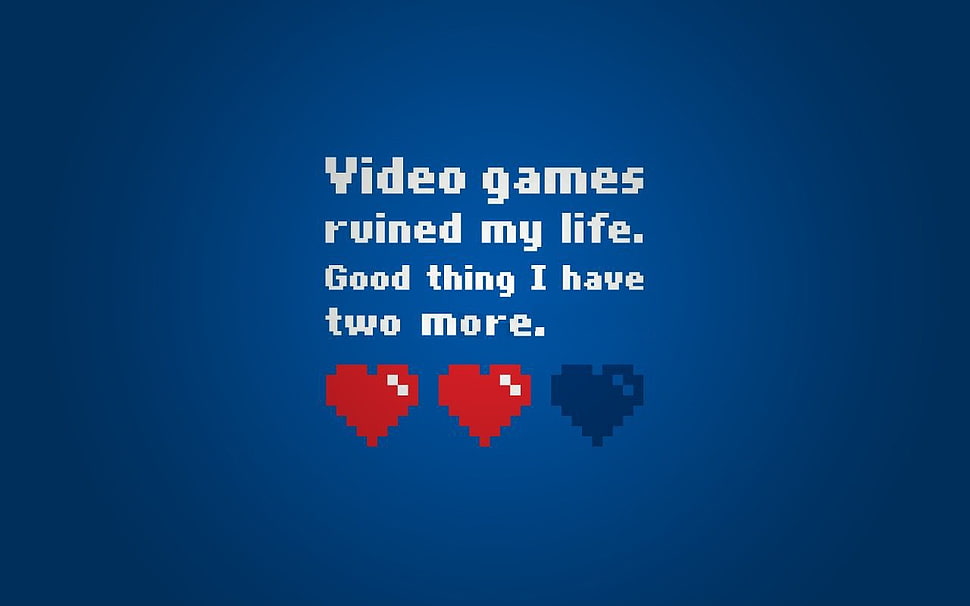 blue background with video games text overlay, video games, heart, typography, artwork HD wallpaper