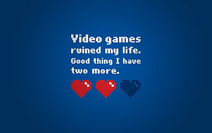 blue background with video games text overlay, video games, heart, typography, artwork