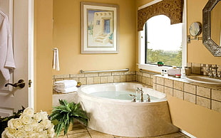 white and brown bathroom