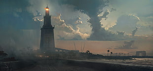 beige tower with light on top digital tower, Assassin's Creed: Origins, video games, artwork, Assassin's Creed