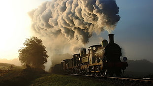 black metal train, train, railway, steam locomotive, smoke HD wallpaper