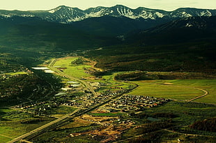 aerial photography of town with mountain range, nature, landscape, trees, forest