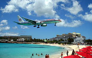 silver and blue airplane, airplane, sea, beach, aircraft HD wallpaper
