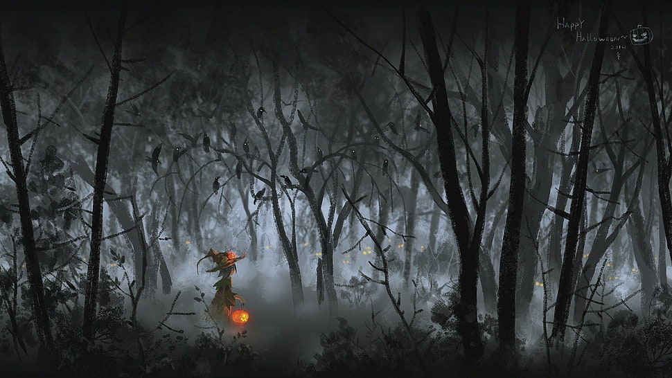 witch in forest painting, artwork, fantasy art, Halloween, pumpkin HD wallpaper