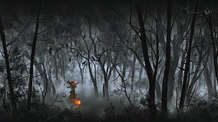 witch in forest painting, artwork, fantasy art, Halloween, pumpkin