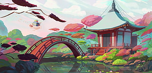 painting of shrine and bridge, illustration, fantasy art
