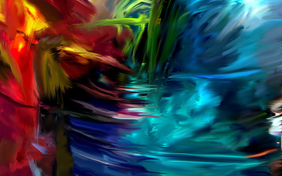 red, green, teal and purple abstract splattered painting HD wallpaper