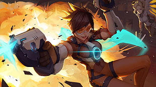 Tracer from Overwatch illustration, Overwatch, Tracer (Overwatch), Mercy (Overwatch), short hair HD wallpaper