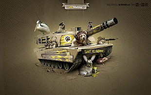 brown artillery tank illustration, tank, humor, digital art, animals