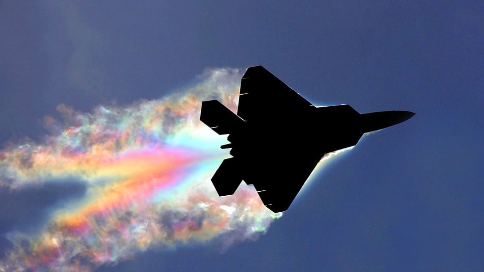 silhouette photo of jet plane, F-22 Raptor, military, photo manipulation HD wallpaper