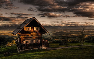brown wooden house, landscape, HDR, house, clouds