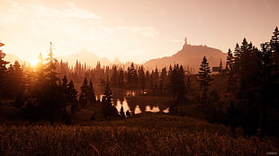 trees near body of water overlooking mountain, PlayStation, Far Cry, Far Cry 5, sunset