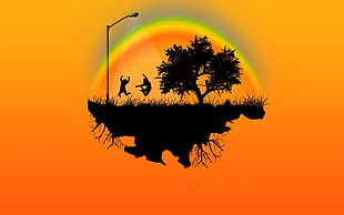 silhouette of two person jumping near tree