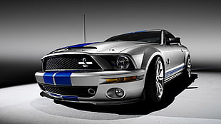 silver and blue Shelby Mustang coupe with dual racing stripes, car, Ford Mustang HD wallpaper
