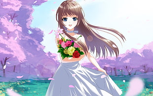brown haired female in white dressed holding red and yellow flowers anime character