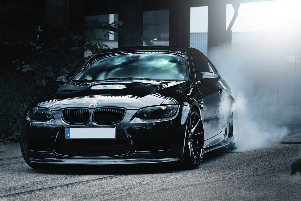 black BMW car, car, BMW, Burnout HD wallpaper