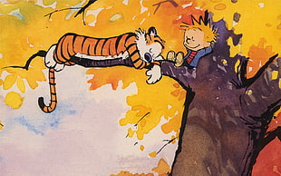 tiger lying on tree cartoon illustration, Calvin and Hobbes, comics