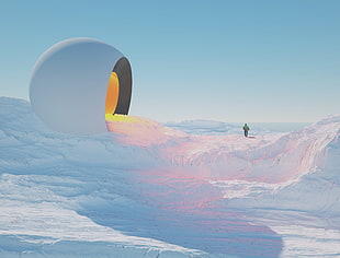 person standing on white snow near round spaceship, nature, landscape, winter, snow
