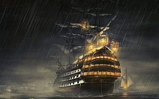 black galleon ship illustration, fantasy art, haryarti, ship, rain