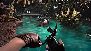 photo of person holding fishing rod PC game application digital wallpaper