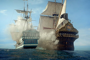 two blue and brown galleon ships, Black Sails, pirates, ship, Starz