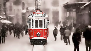 shallow focus photo of red and white train, Turkey, tram, snow, Istanbul