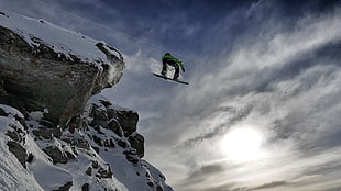 snow coated cliff, snowboarding, mountains