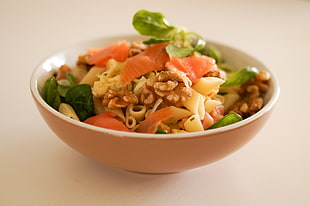 macaroni salad on white ceramic bow l