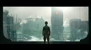 men's black dress shirt, futuristic city, science fiction