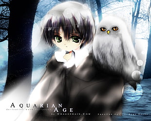 boy with owl on shoulder anime digital wallpaper
