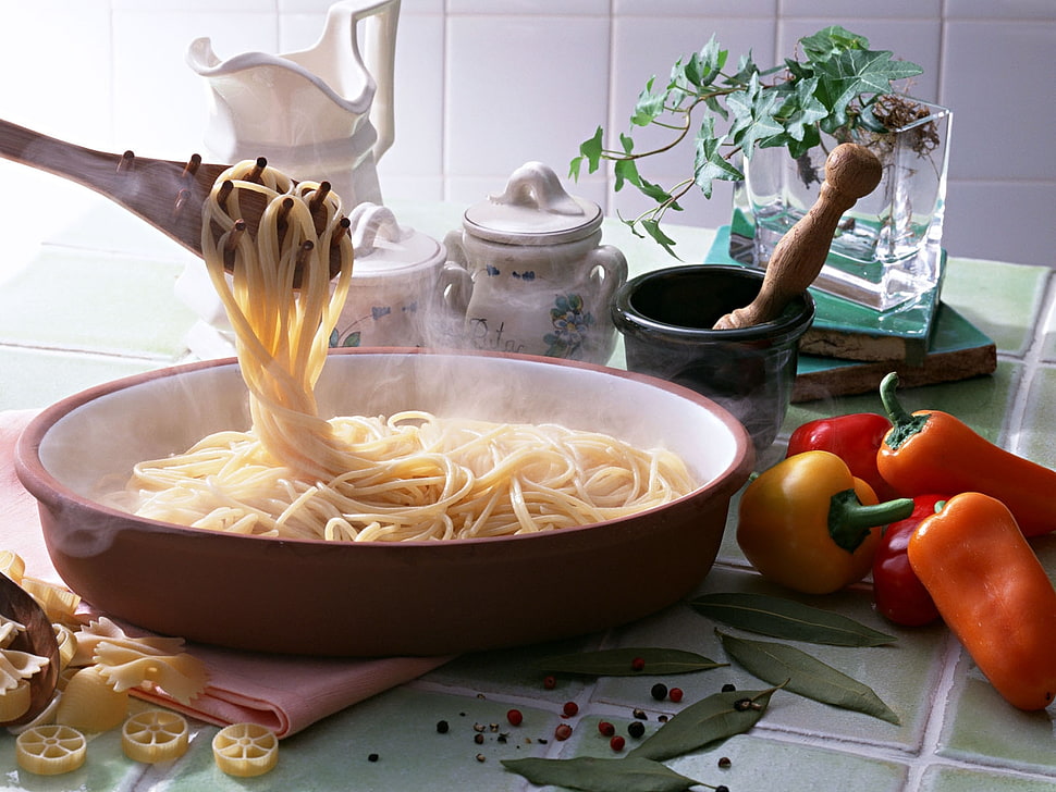 pasta served on bowl HD wallpaper