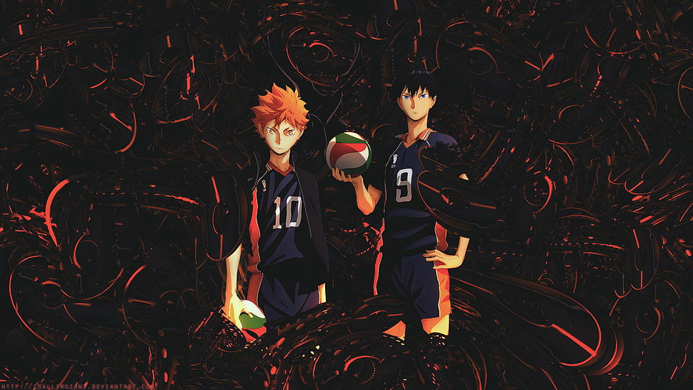 two men volleyball player character illustration, Haikyuu!!, anime boys, Hinata Shouyou, Kageyama Tobio HD wallpaper