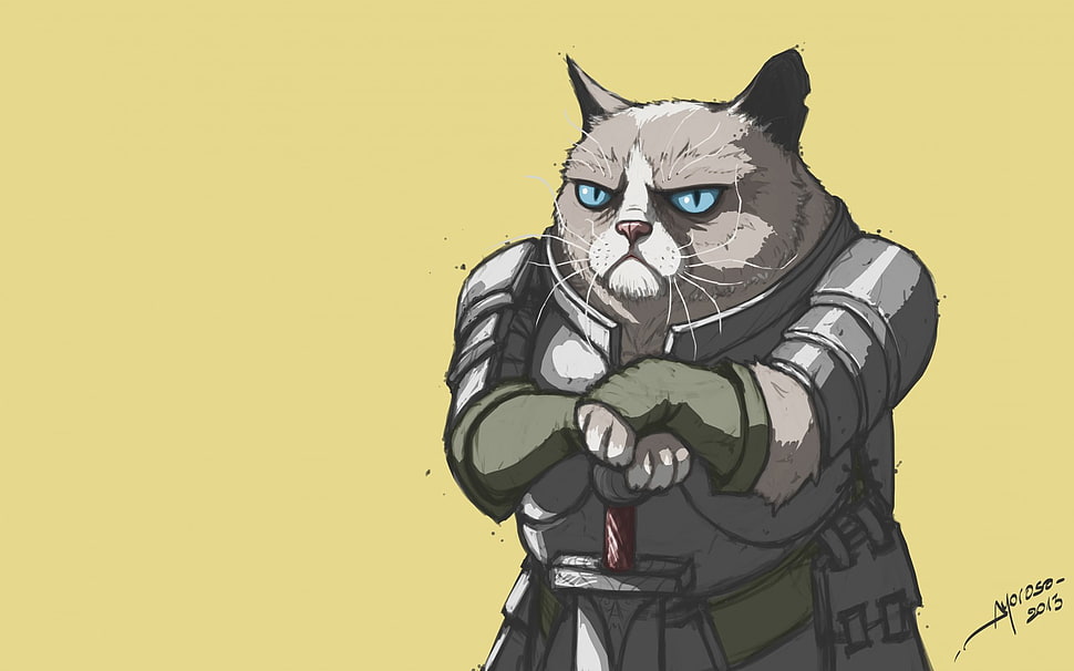 cat holding sword illustration HD wallpaper